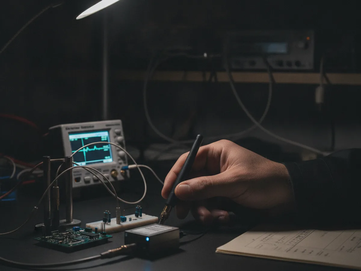 Hand hält eine Antenne an einem RF-Testaufbau