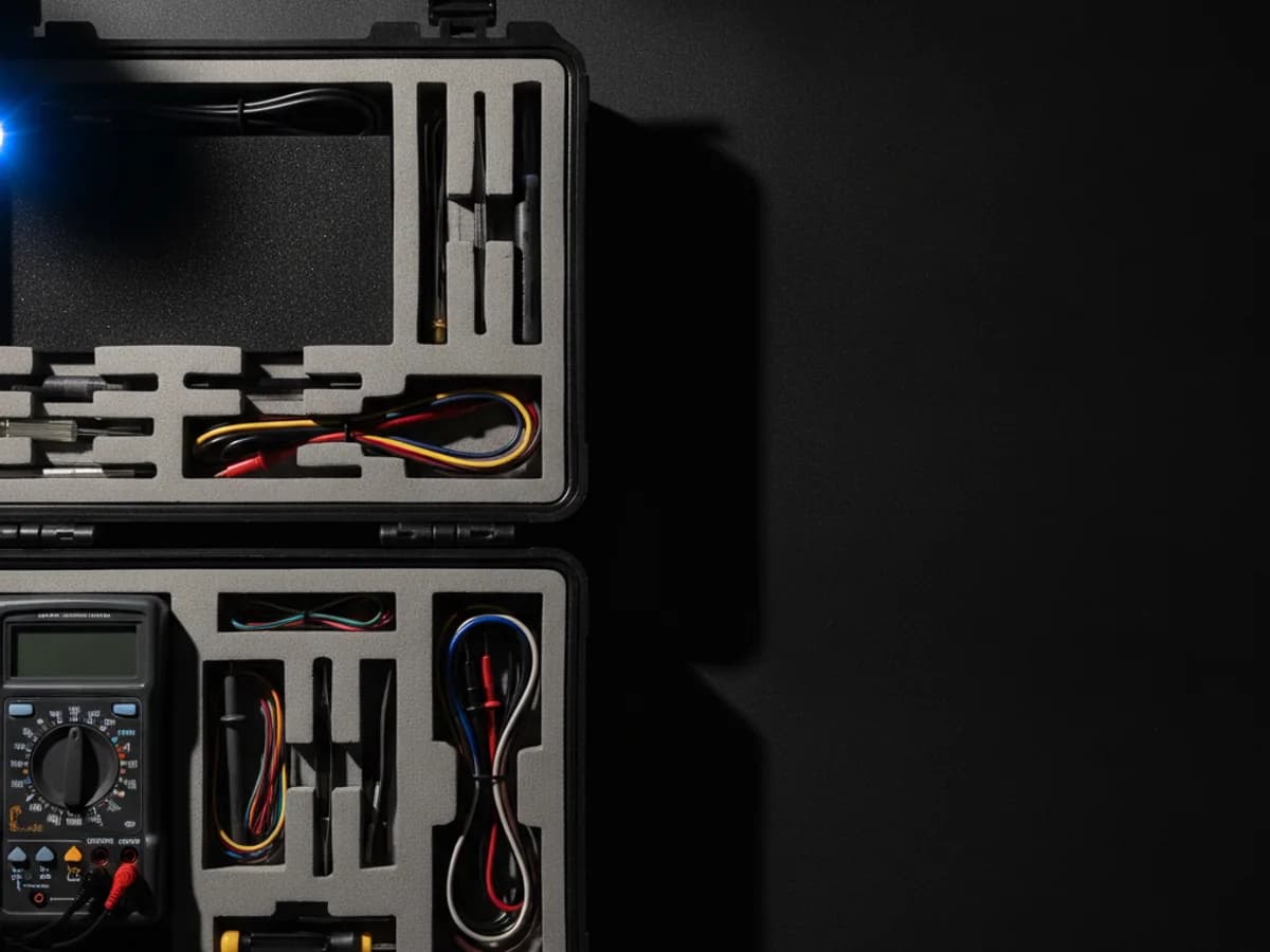 Geöffneter Messkoffer mit Multimeter und Werkzeug